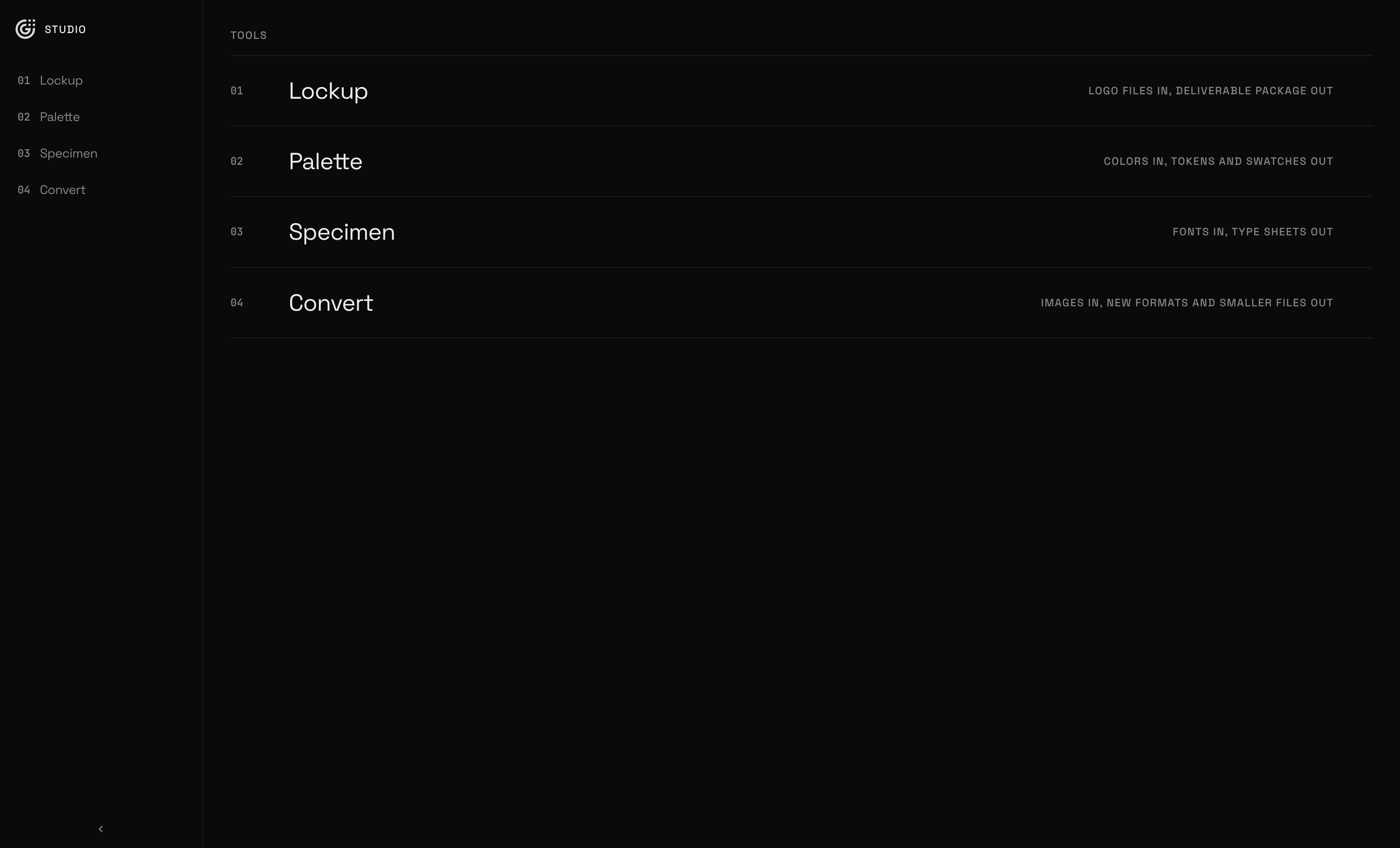 GRIDFORM Studio on launch: a sidebar listing Lockup, Palette, Specimen and Convert, beside an index of the four tools.