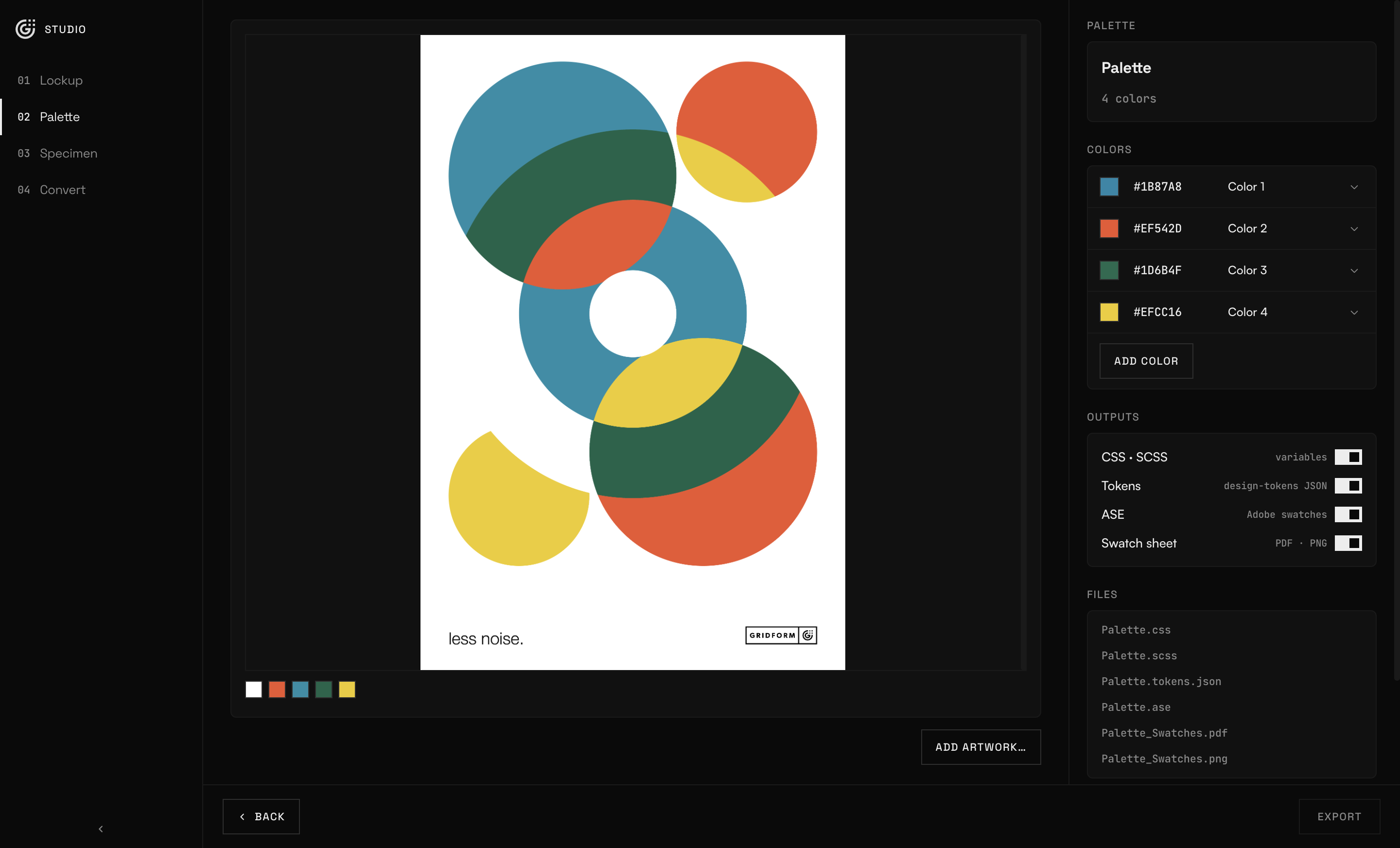 GRIDFORM Studio in the Palette tool: a GRIDFORM poster filling the canvas, its colours sampled into a four-swatch palette in the right rail.