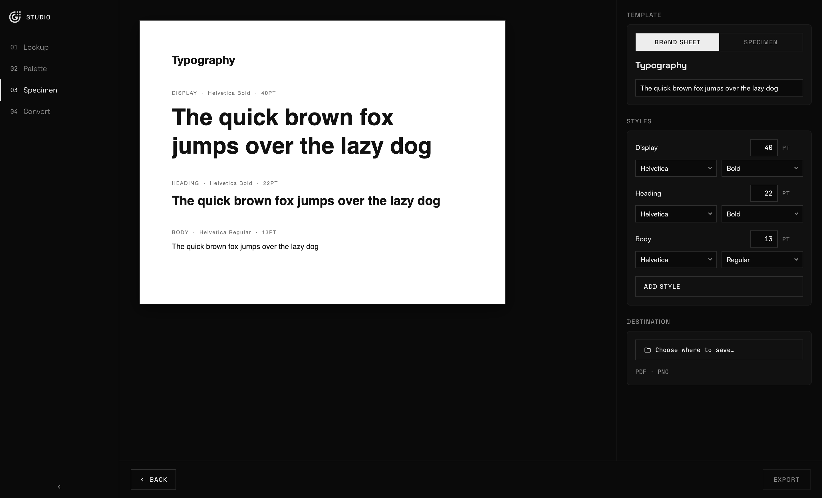 GRIDFORM Studio in the Specimen tool: a live type sheet preview beside controls for display, heading and body styles.